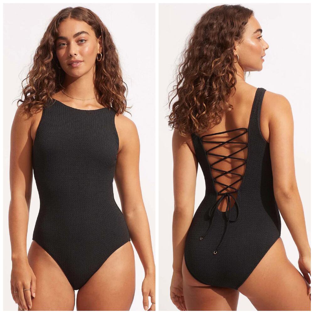 SEAFOLLY Sea Dive High Neck One Piece Swimsuit Size 12 Black Lace Back NWT